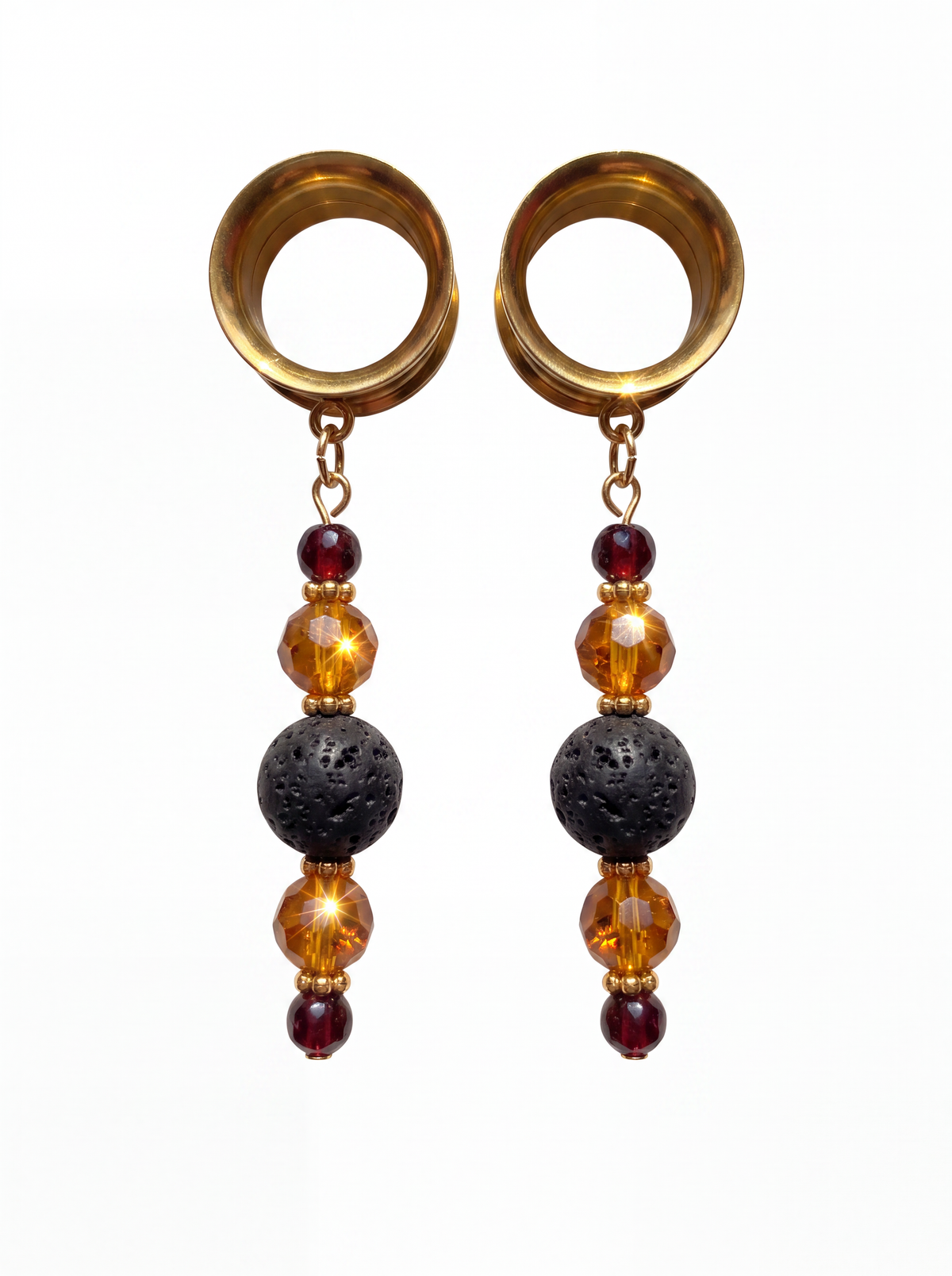 IGRAINE - écarteurs dorés ambre, grenats, et pierres de lave 6mm à 38mm