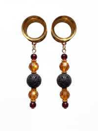 IGRAINE - écarteurs dorés ambre, grenats, et pierres de lave 6mm à 38mm