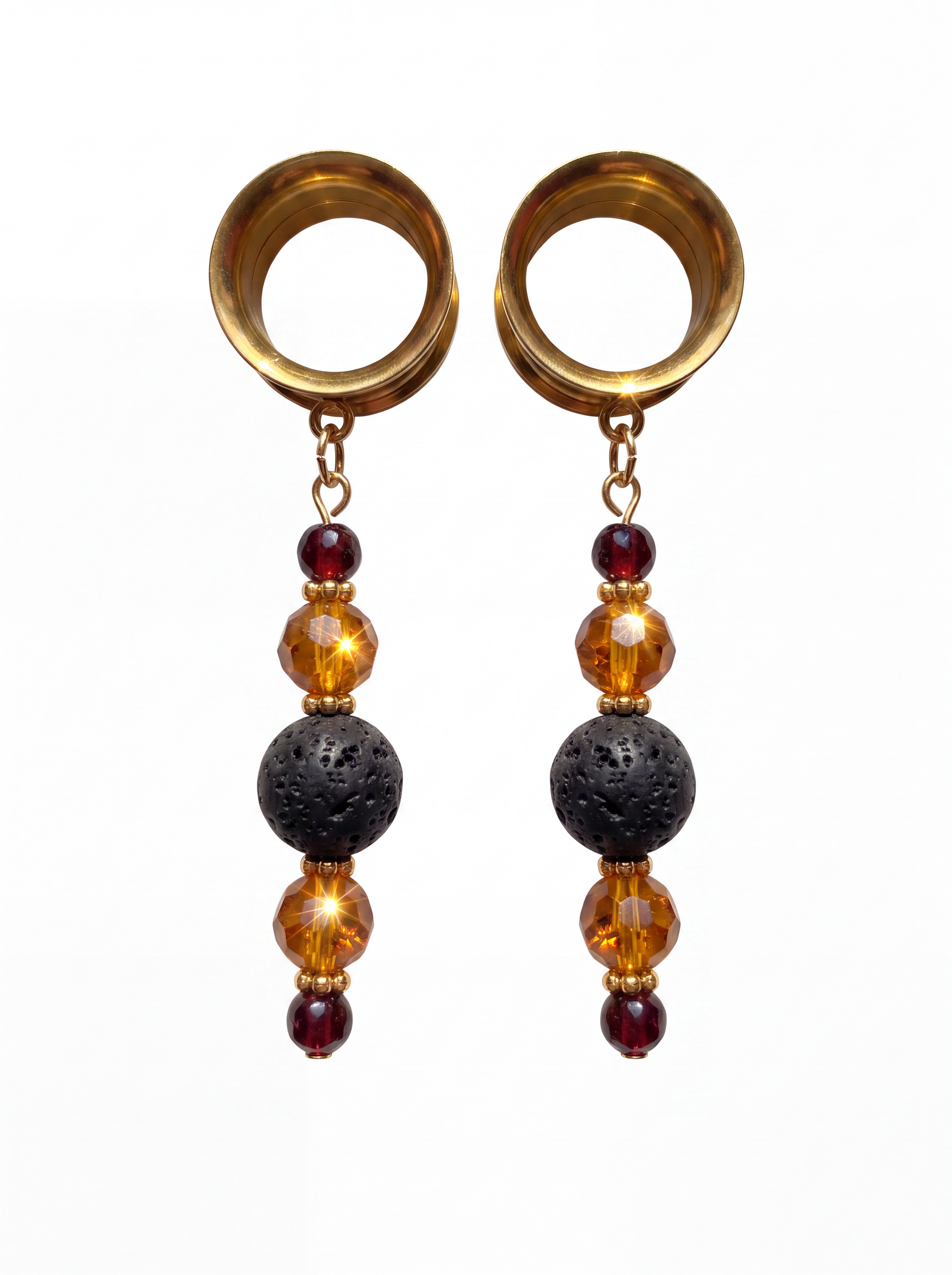 IGRAINE - écarteurs dorés ambre, grenats, et pierres de lave 6mm à 38mm