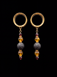 IGRAINE - écarteurs dorés ambre, grenats, et pierres de lave 6mm à 38mm