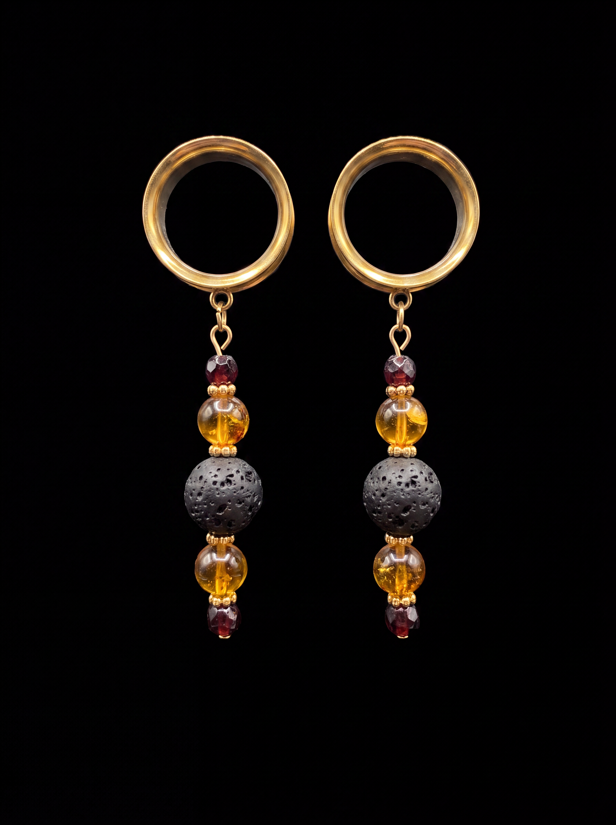 IGRAINE - écarteurs dorés ambre, grenats, et pierres de lave 6mm à 38mm