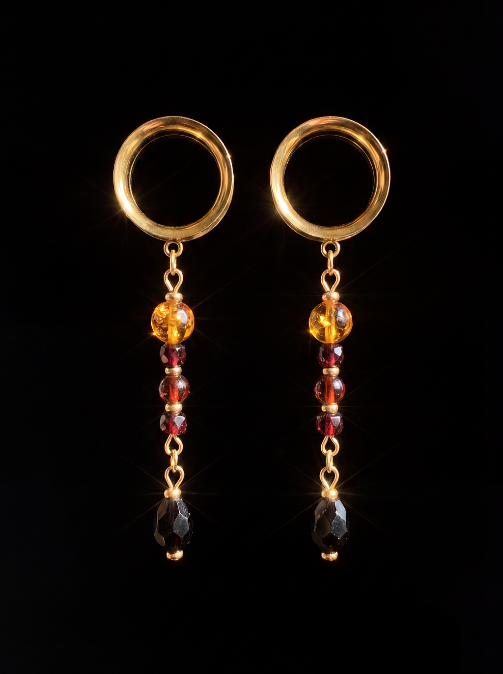 OMBELINE - écarteurs dorés ambre, grenats & obsidienne 6mm à 38mm