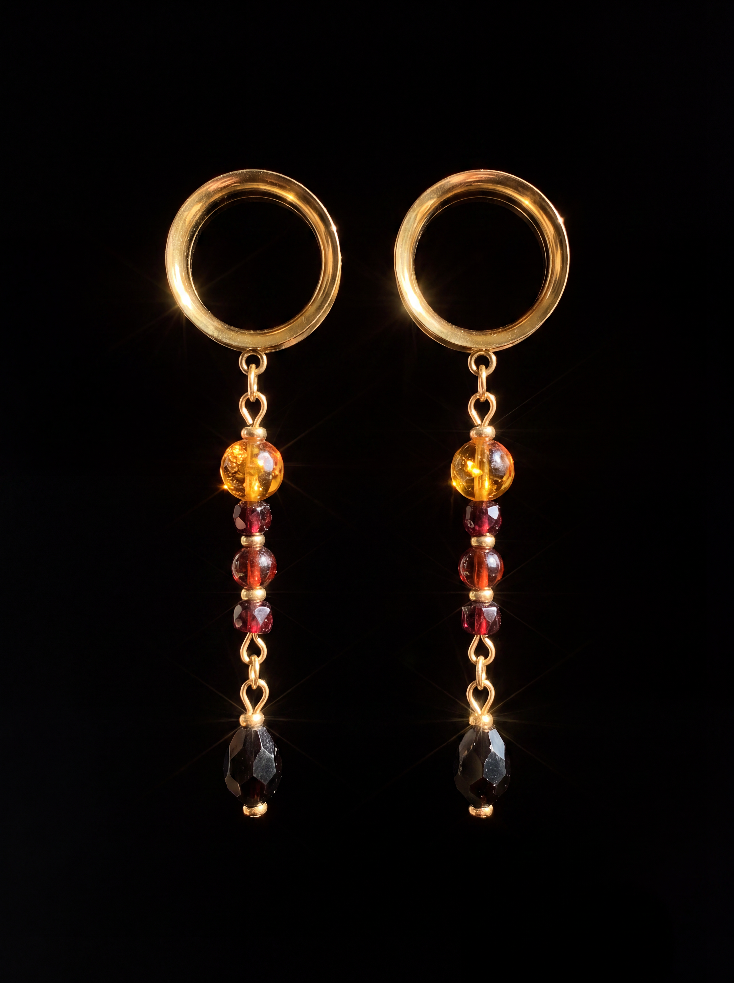 OMBELINE - écarteurs dorés ambre, grenats & obsidienne 6mm à 38mm