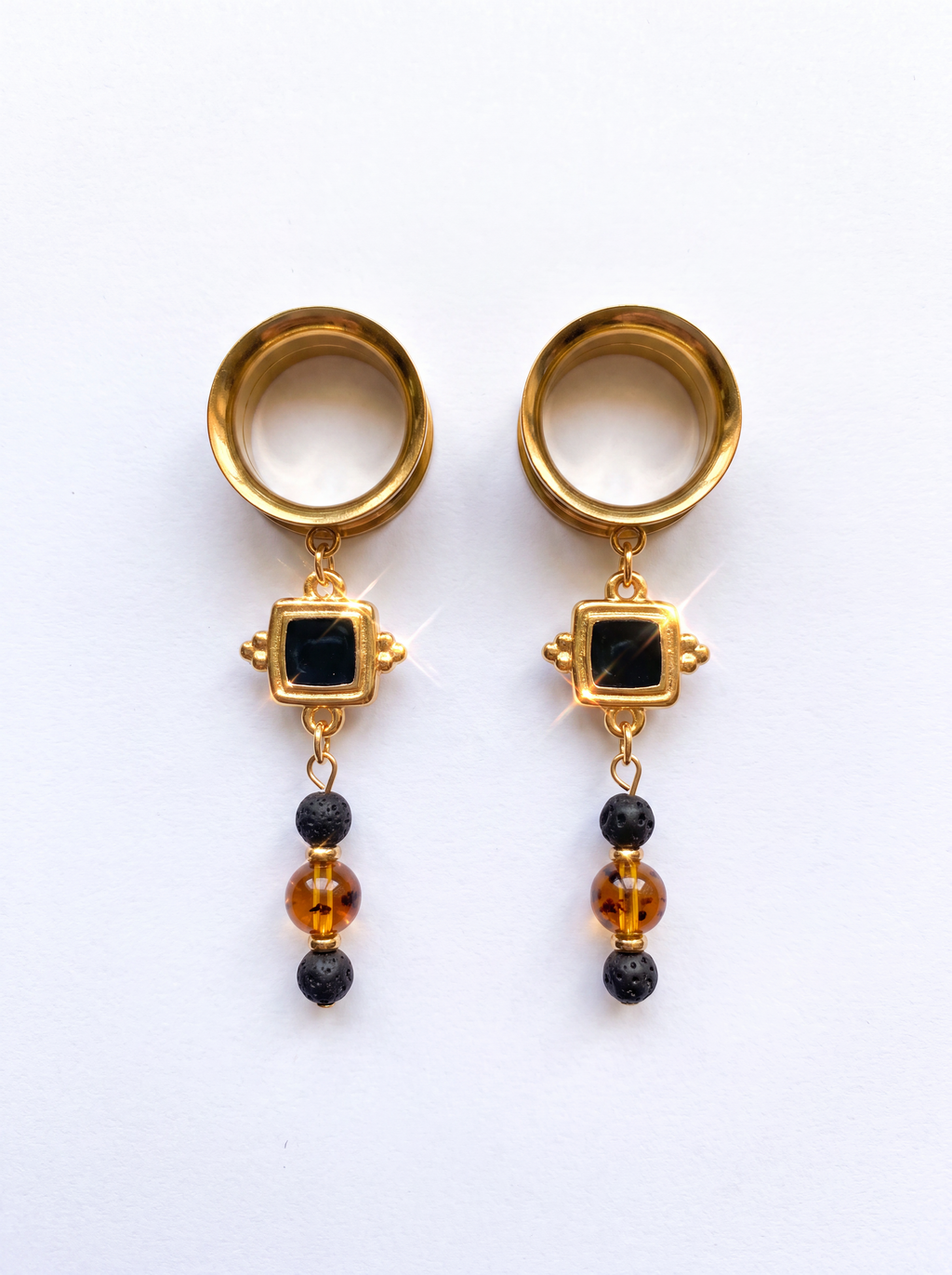 LULU - écarteurs dorés ambre, et pierres de lave 6mm à 38mm