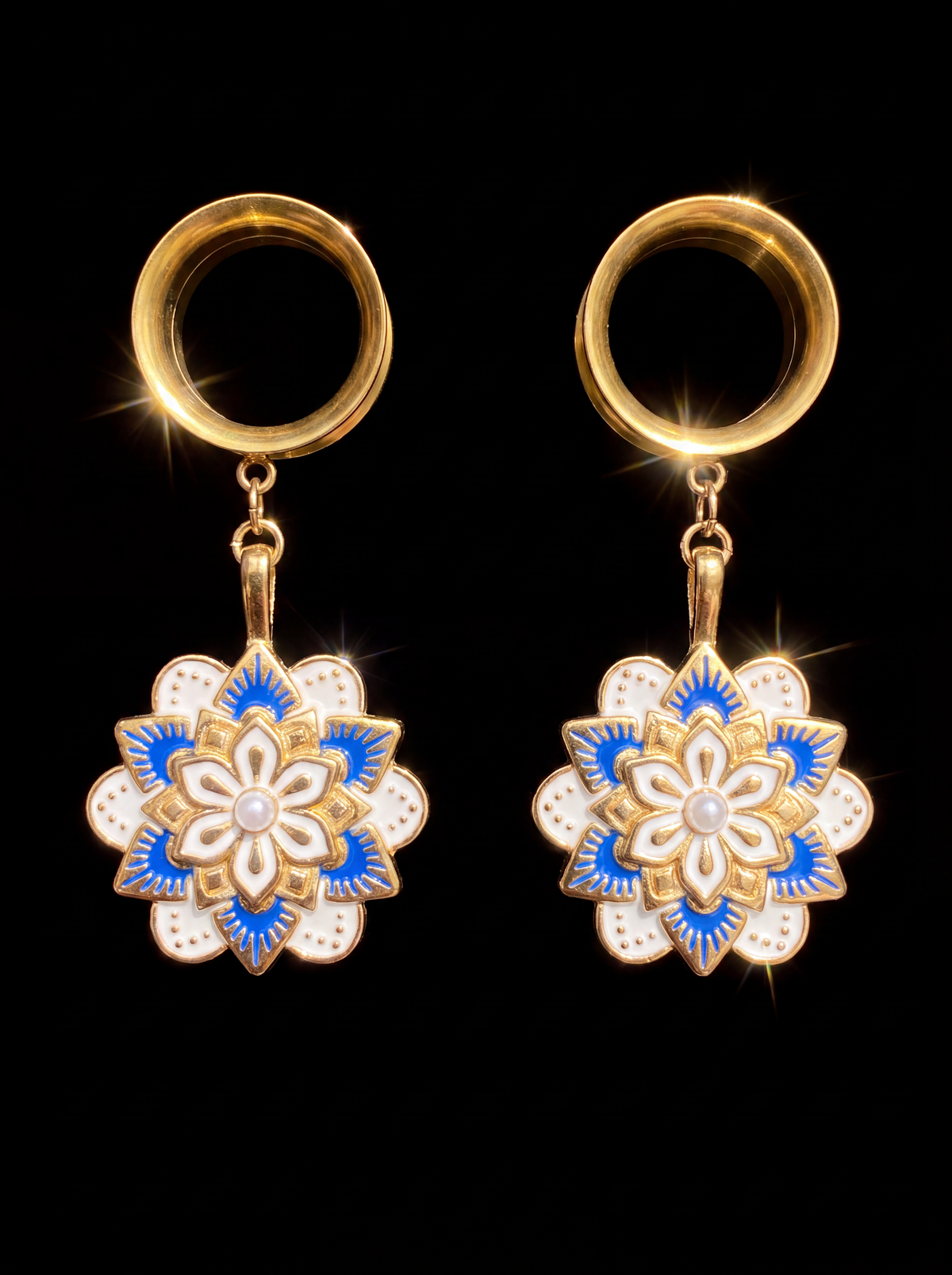 LAURELINE - écarteurs dorés fleur bleue et blanche