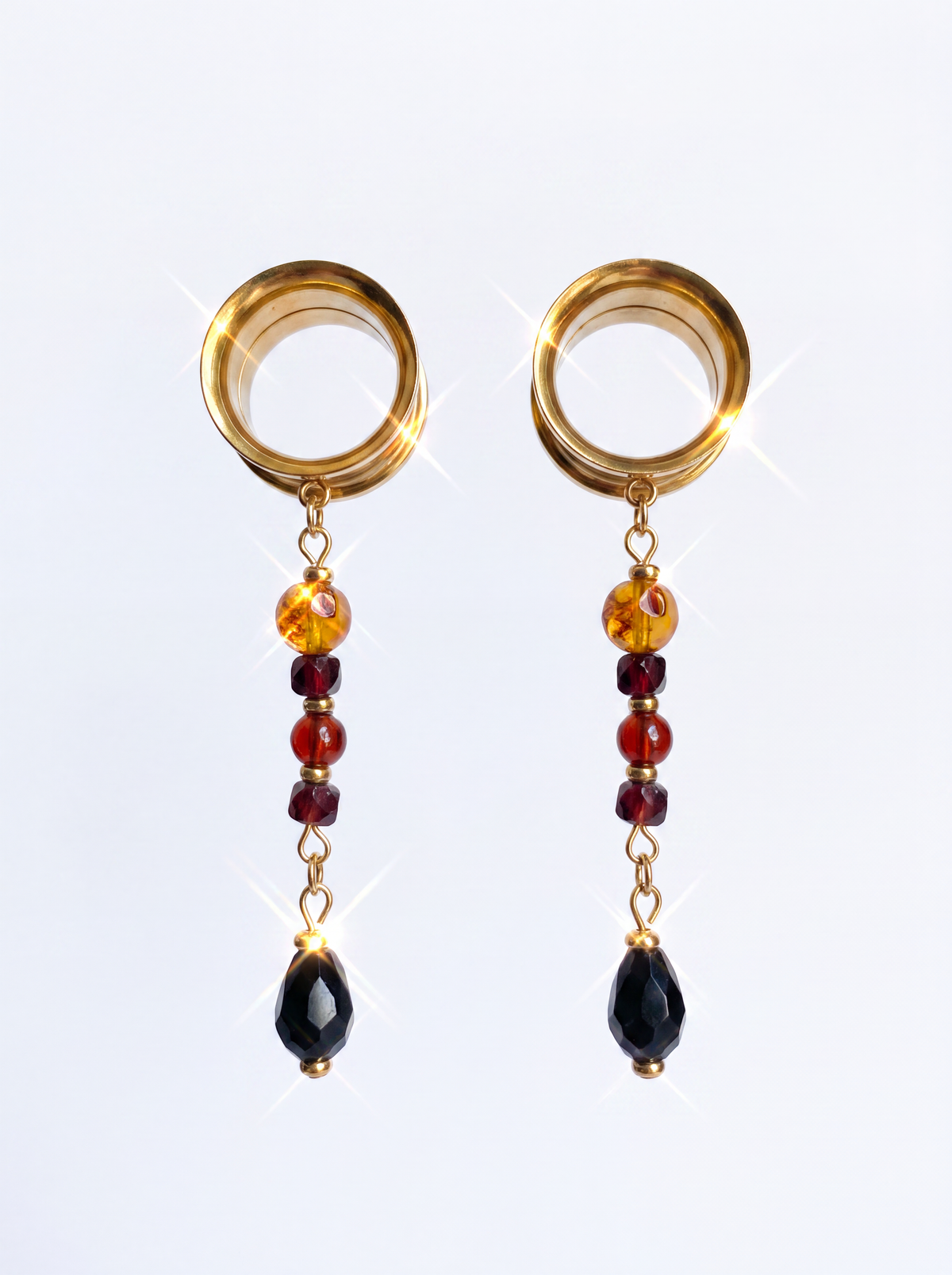 OMBELINE - écarteurs dorés ambre, grenats & obsidienne 6mm à 38mm