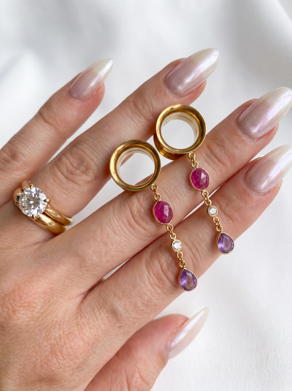 BELLE - 24k - écarteurs sillimanite rubis, améthyste, oxyde de zirconium, argent 925 doré à l'or fin 24K