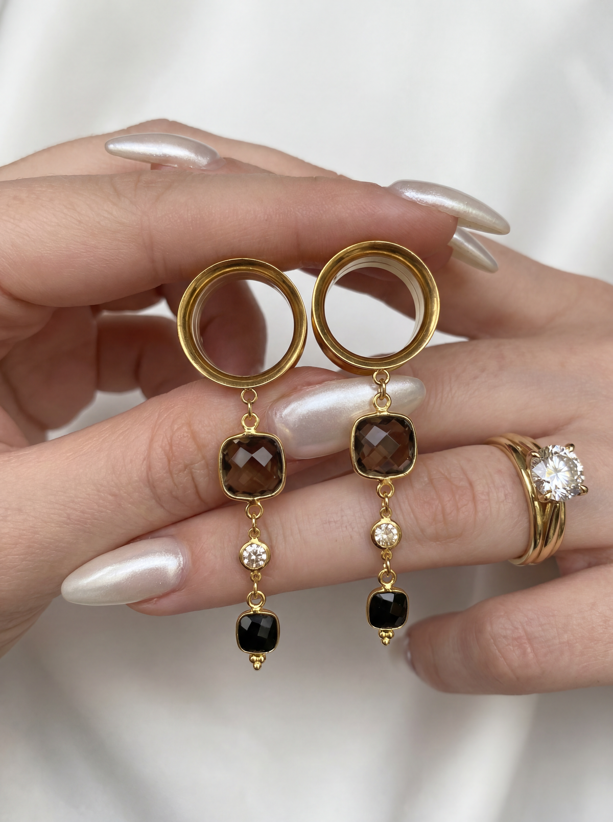 AURIA - 24k - écarteurs quartz fumé, onyx, argent 925 doré à l'or fin 24K