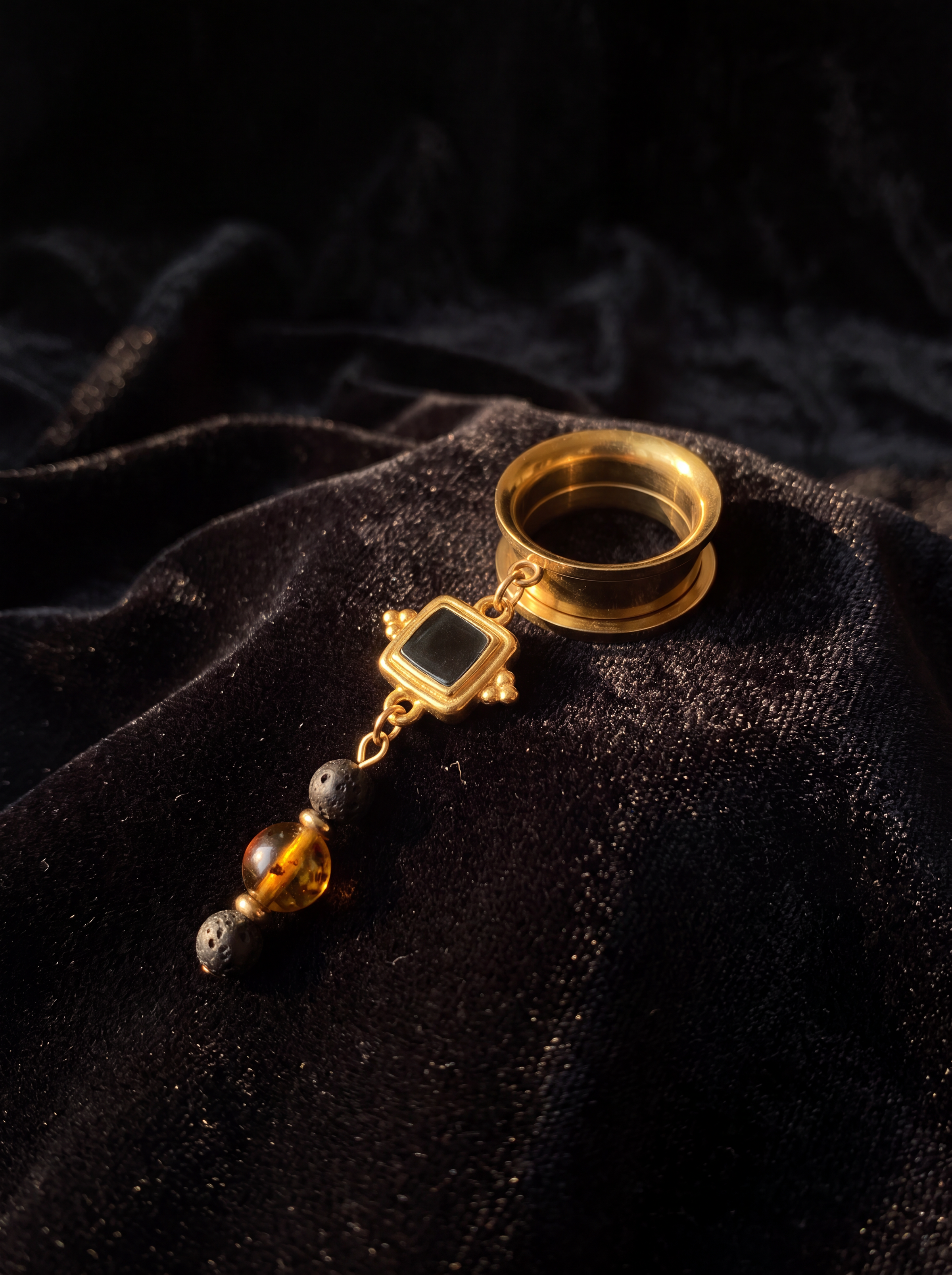 LULU - écarteurs dorés ambre, et pierres de lave 6mm à 38mm