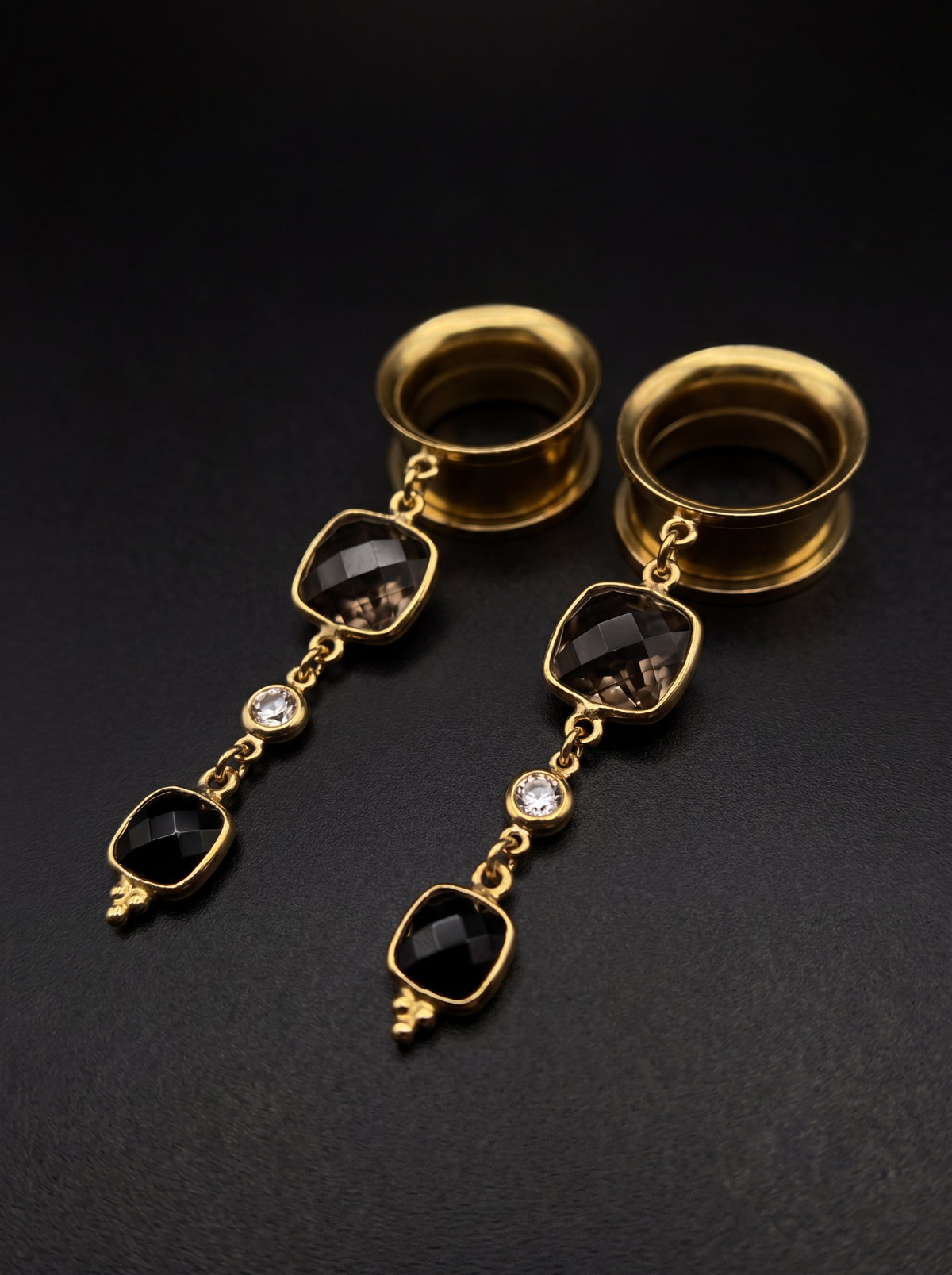 AURIA - 24k - écarteurs quartz fumé, onyx, argent 925 doré à l'or fin 24K