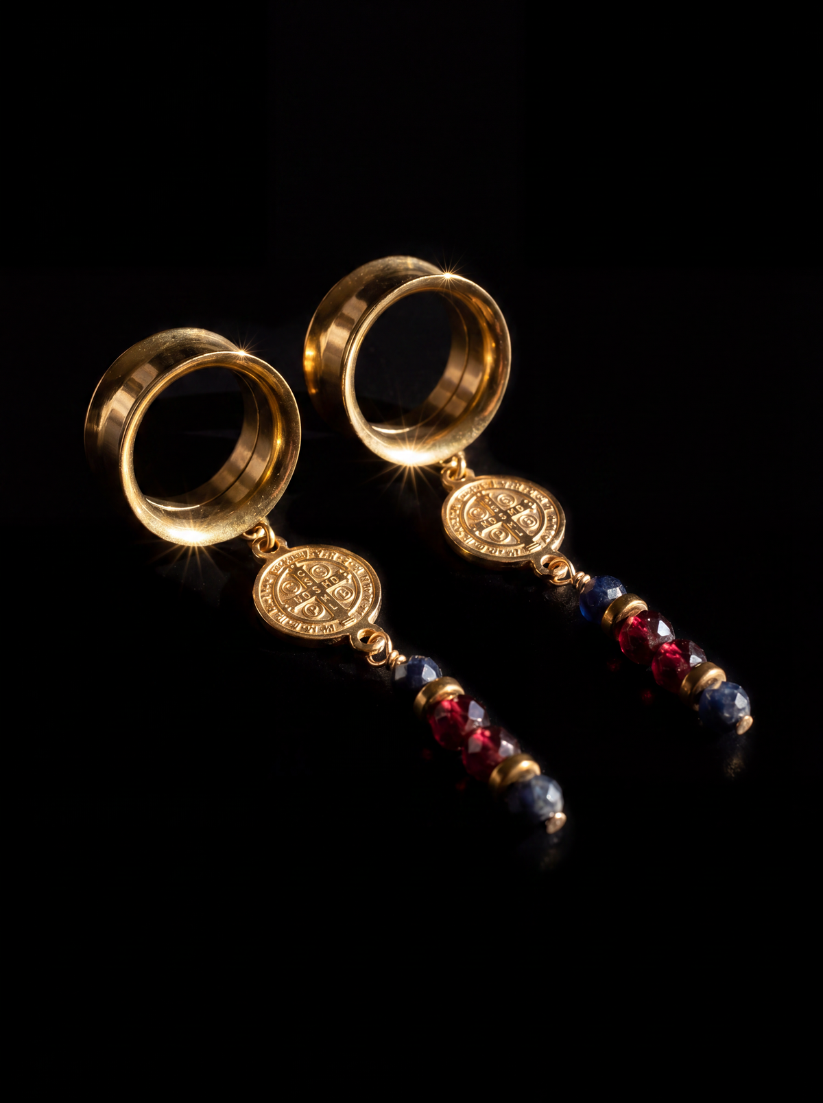 DUO ANTIQUE - écarteurs ambre naturelle & saphir et grenats 6mm à 38mm