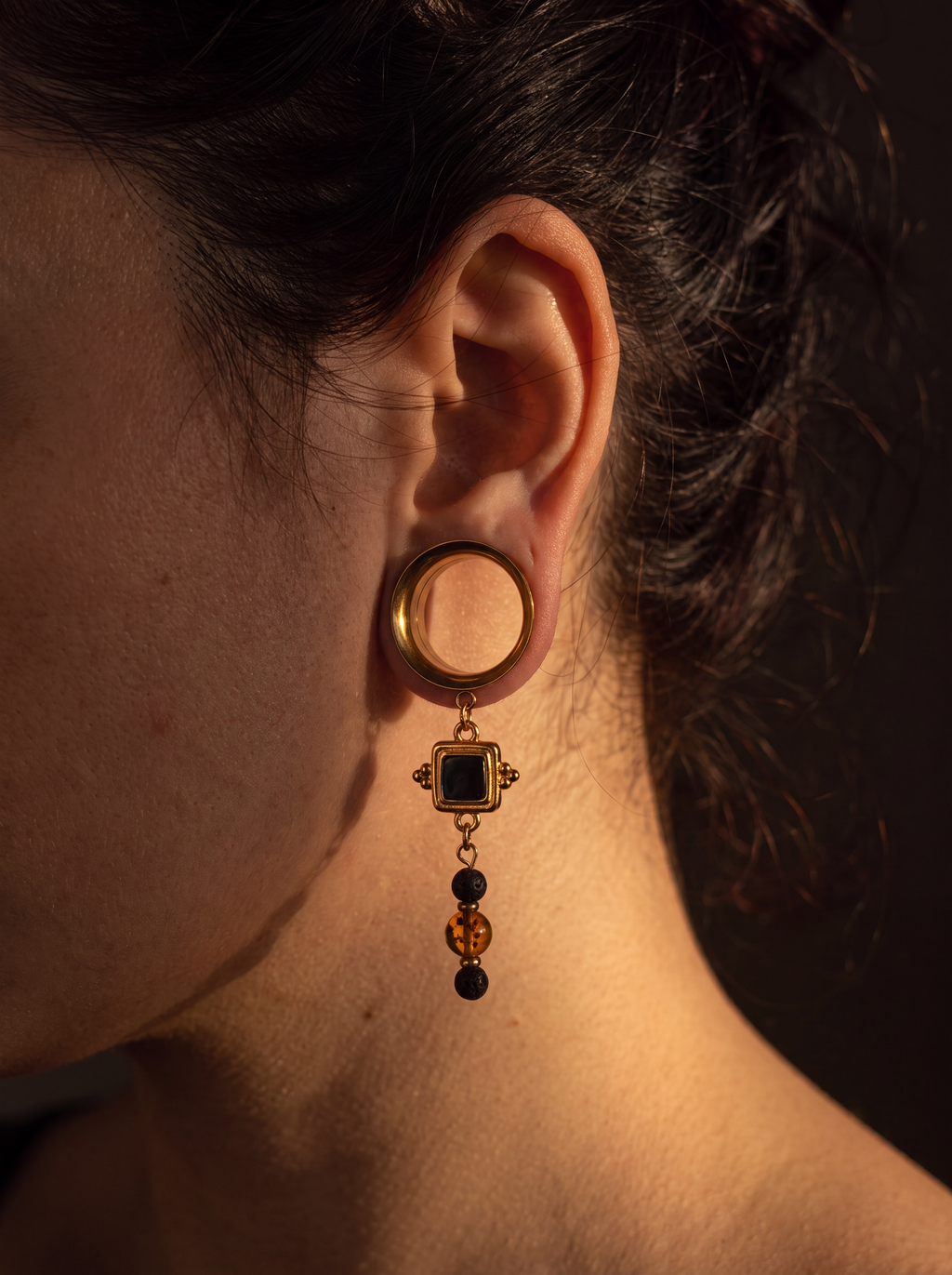 LULU - écarteurs dorés ambre, et pierres de lave 6mm à 38mm
