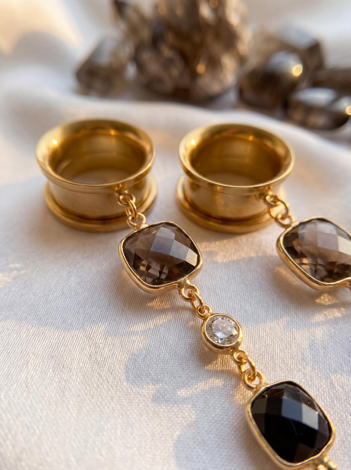 AURIA - 24k - écarteurs quartz fumé, onyx, argent 925 doré à l'or fin 24K