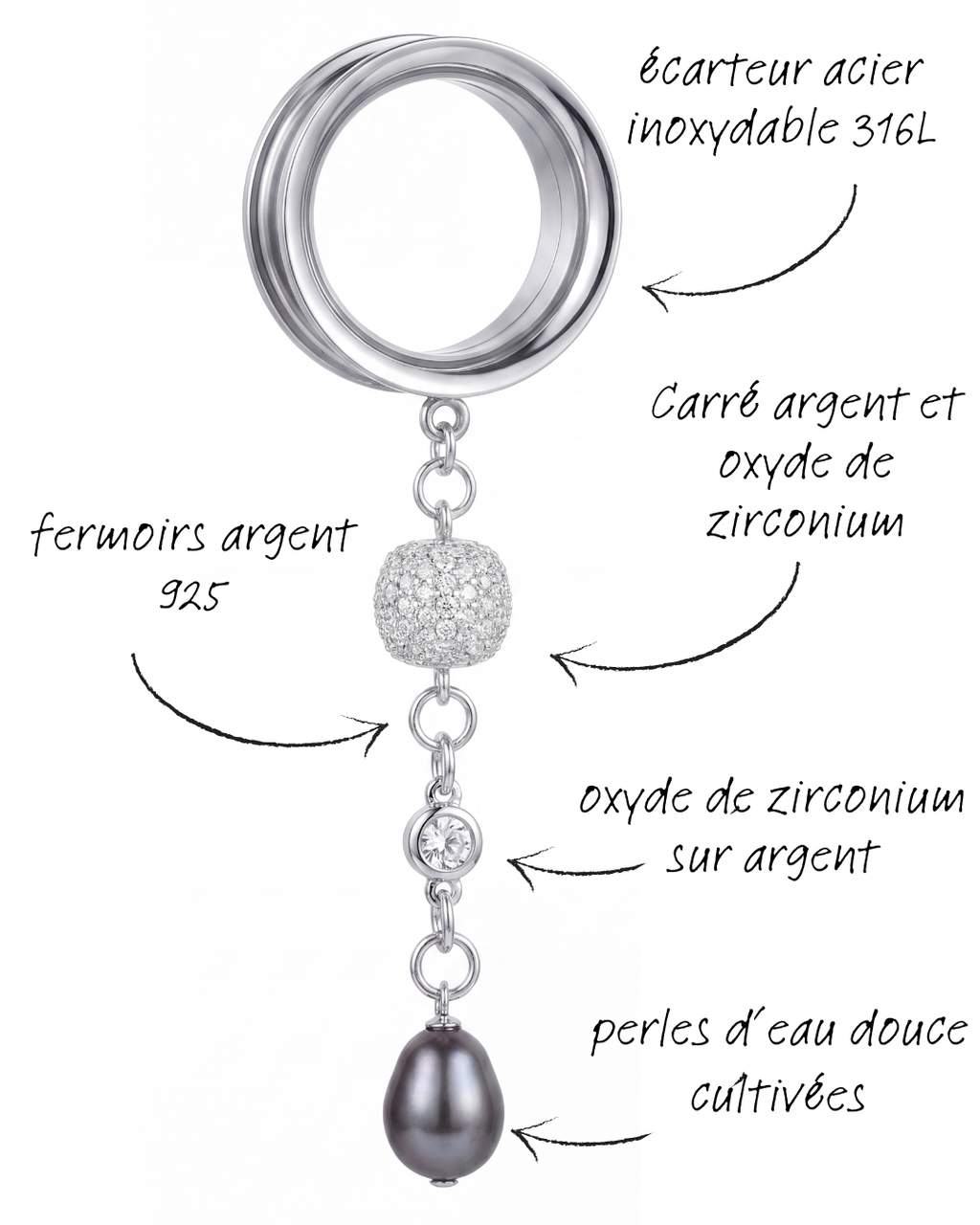 LOUISE - écarteurs argent massif 925, oxyde de zirconium et perle d'eau douce véritable