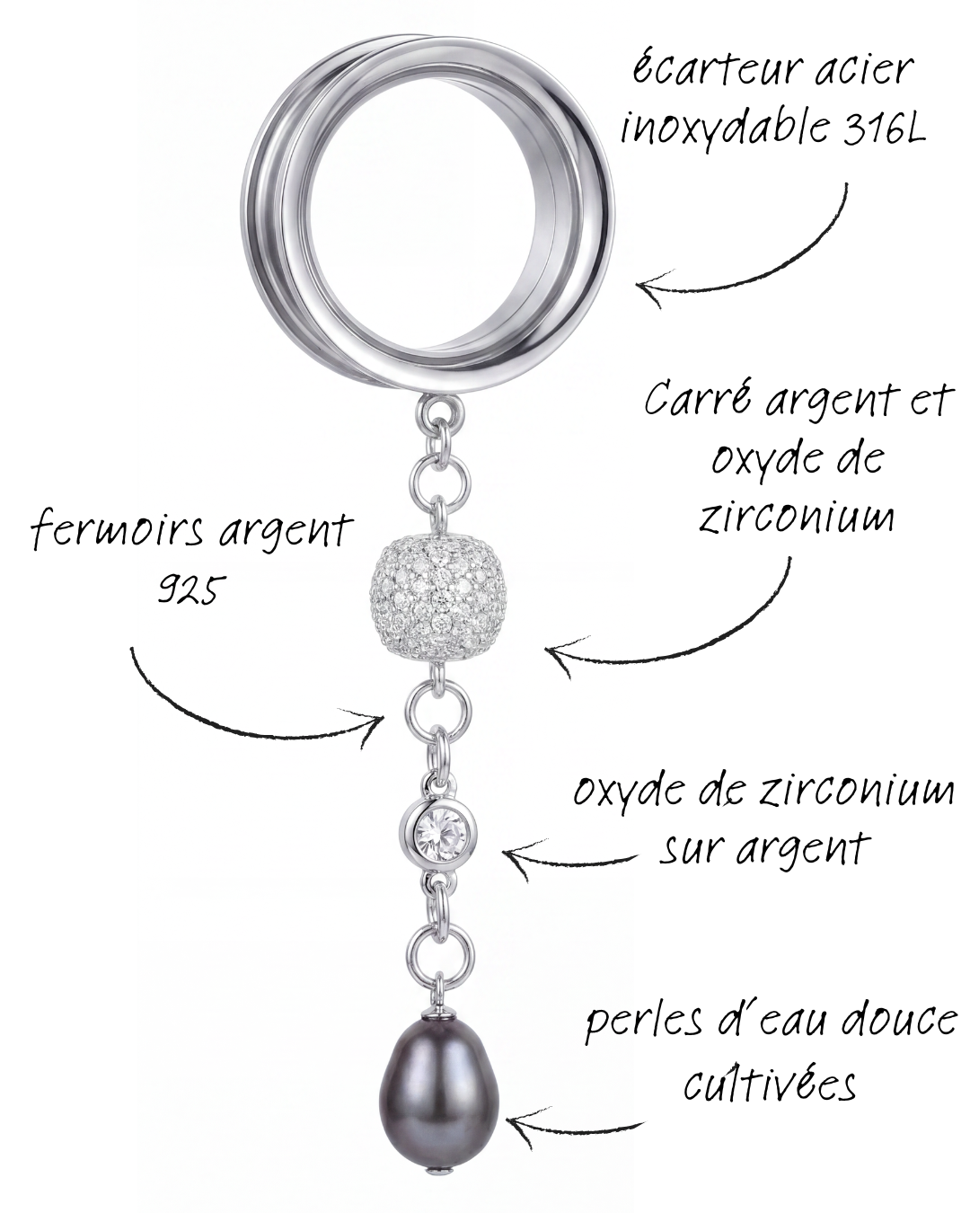 LOUISE - écarteurs argent massif 925, oxyde de zirconium et perle d'eau douce véritable