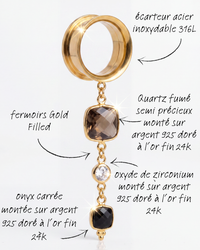 AURIA - écarteurs quartz fumé, onyx, argent 925 doré à l'or fin 24K