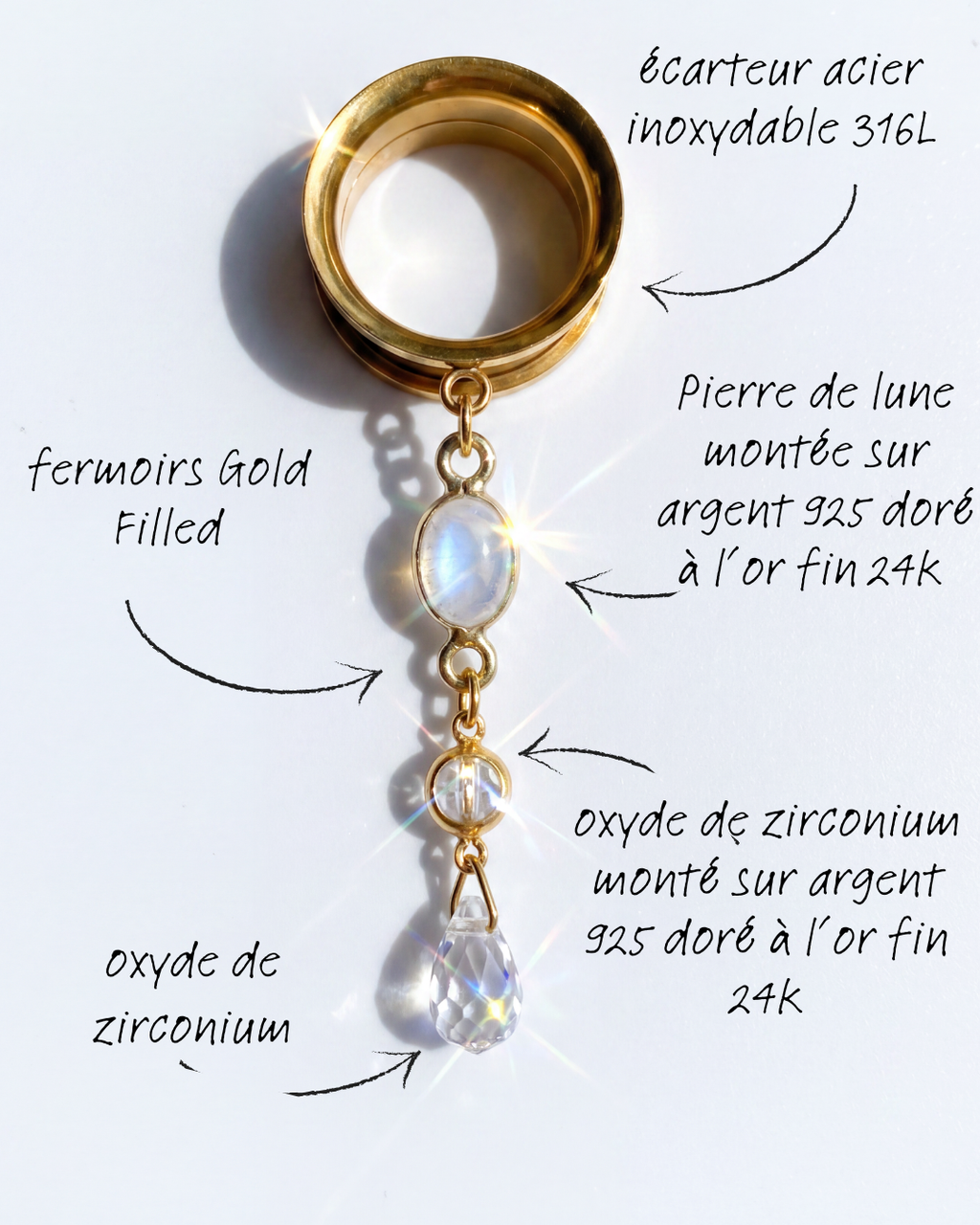 LUNA - écarteurs pierre de lune, zirconium, argent 925 doré à l'or fin 24K