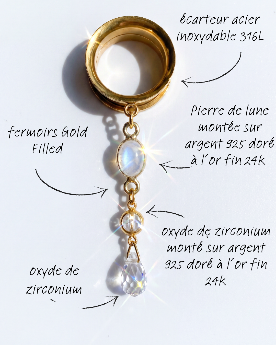 LUNA - écarteurs pierre de lune, zirconium, argent 925 doré à l'or fin 24K