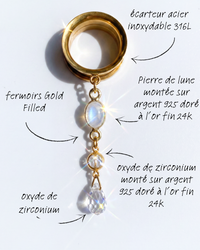 LUNA - écarteurs pierre de lune, zirconium, argent 925 doré à l'or fin 24K