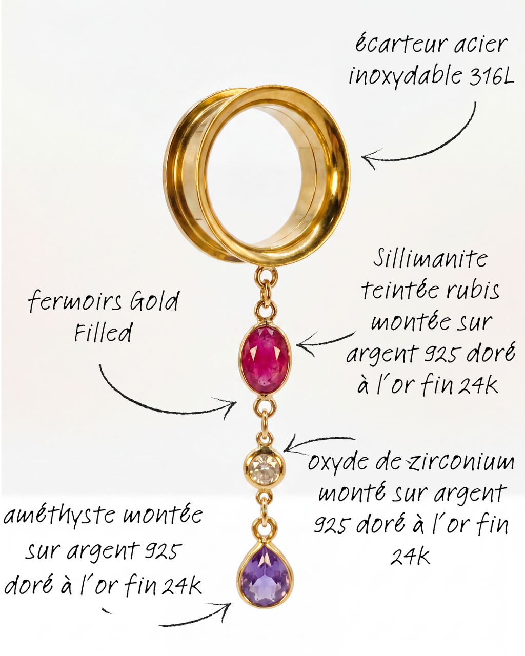 BELLE - écarteurs sillimanite rubis, améthyste, oxyde de zirconium, argent 925 doré à l'or fin 24K