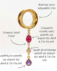 BELLE - écarteurs sillimanite rubis, améthyste, oxyde de zirconium, argent 925 doré à l'or fin 24K
