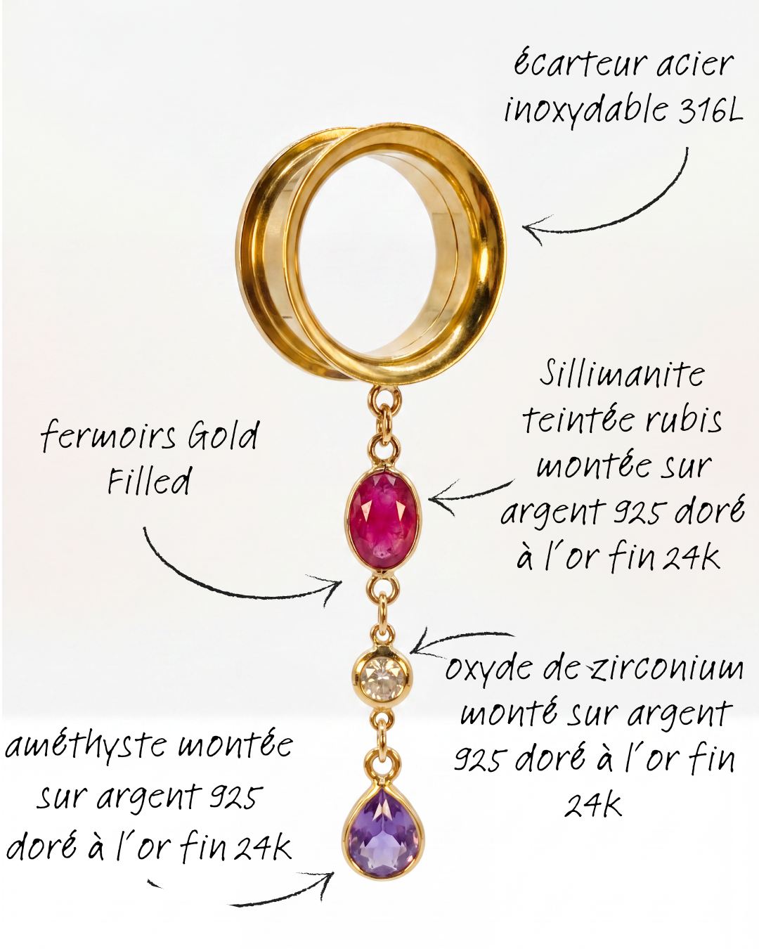 BELLE - écarteurs sillimanite rubis, améthyste, oxyde de zirconium, argent 925 doré à l'or fin 24K
