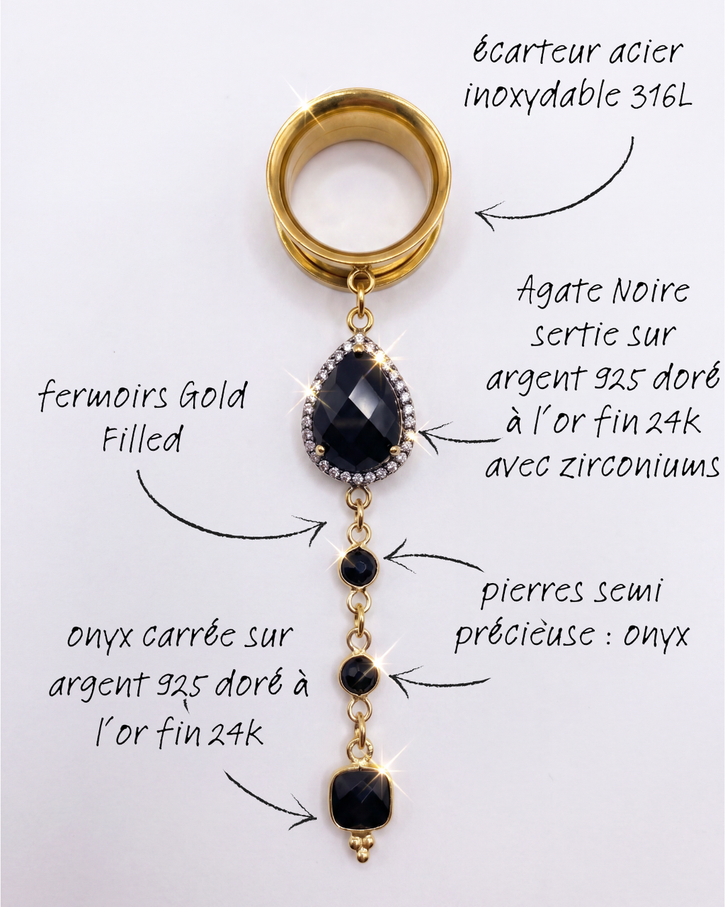 MORTICIA - écarteurs agate noire, onyx, argent 925 doré à l'or fin 24K