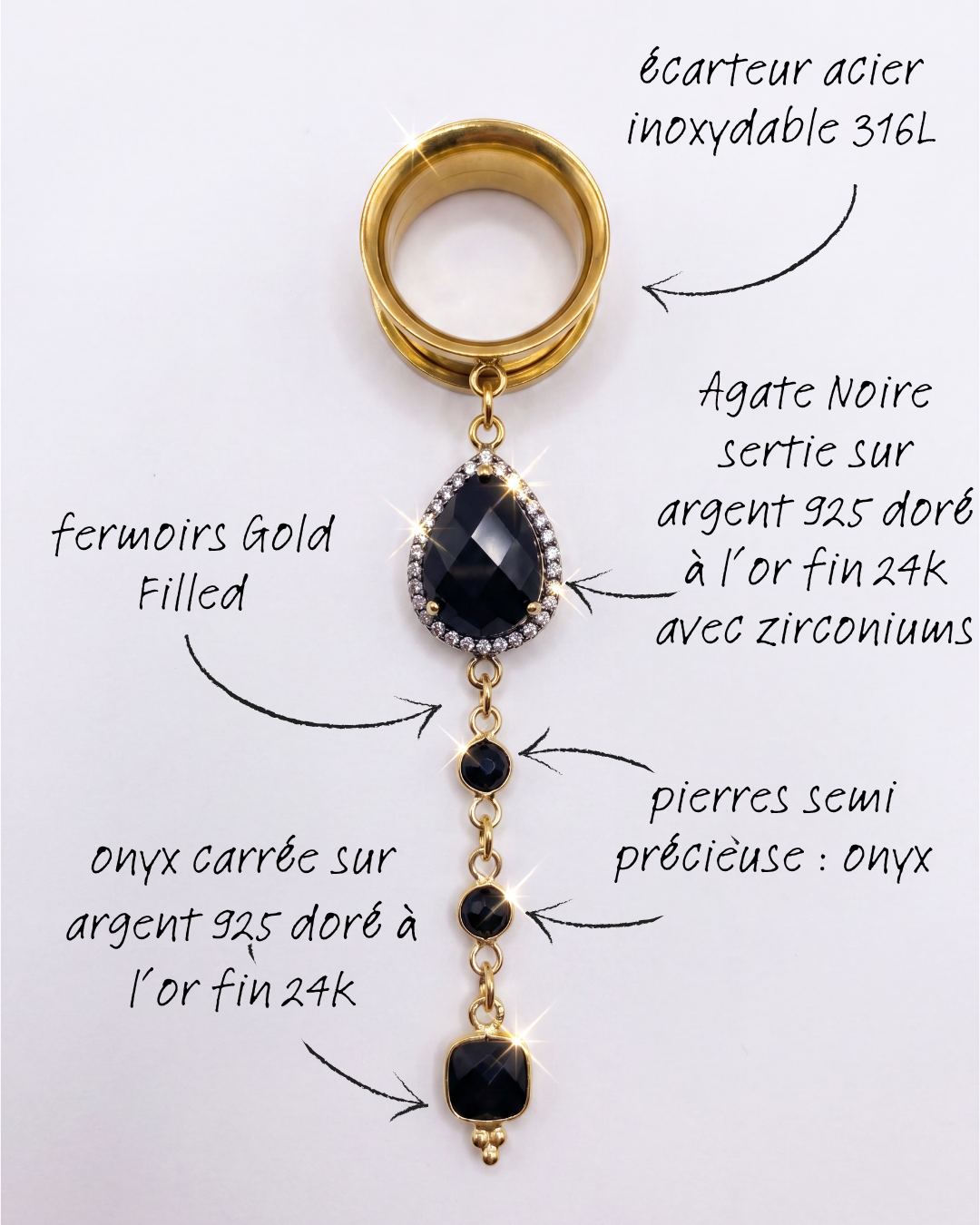 MORTICIA - écarteurs agate noire, onyx, argent 925 doré à l'or fin 24K