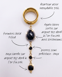 MORTICIA - écarteurs agate noire, onyx, argent 925 doré à l'or fin 24K