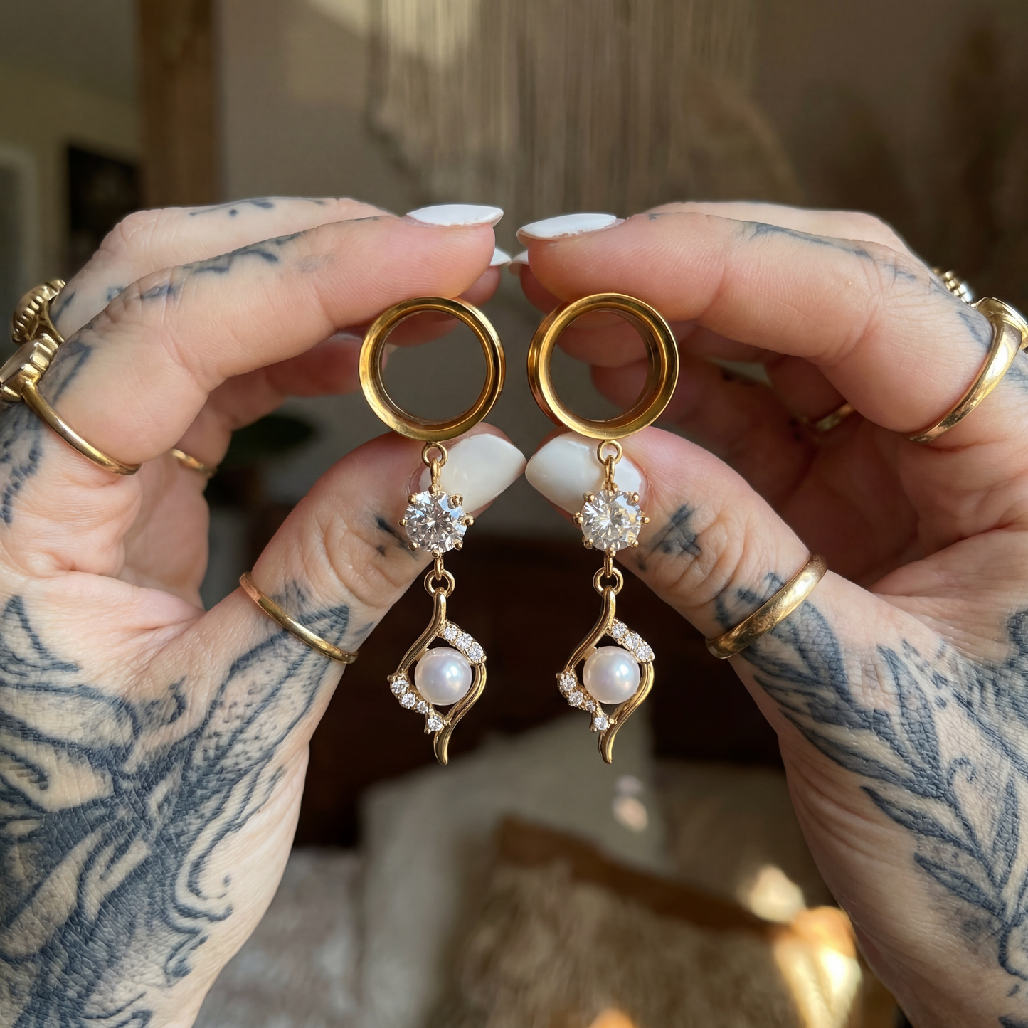 SABINE  - écarteurs dorés mariage diamant perle de culture 6mm à 38mm