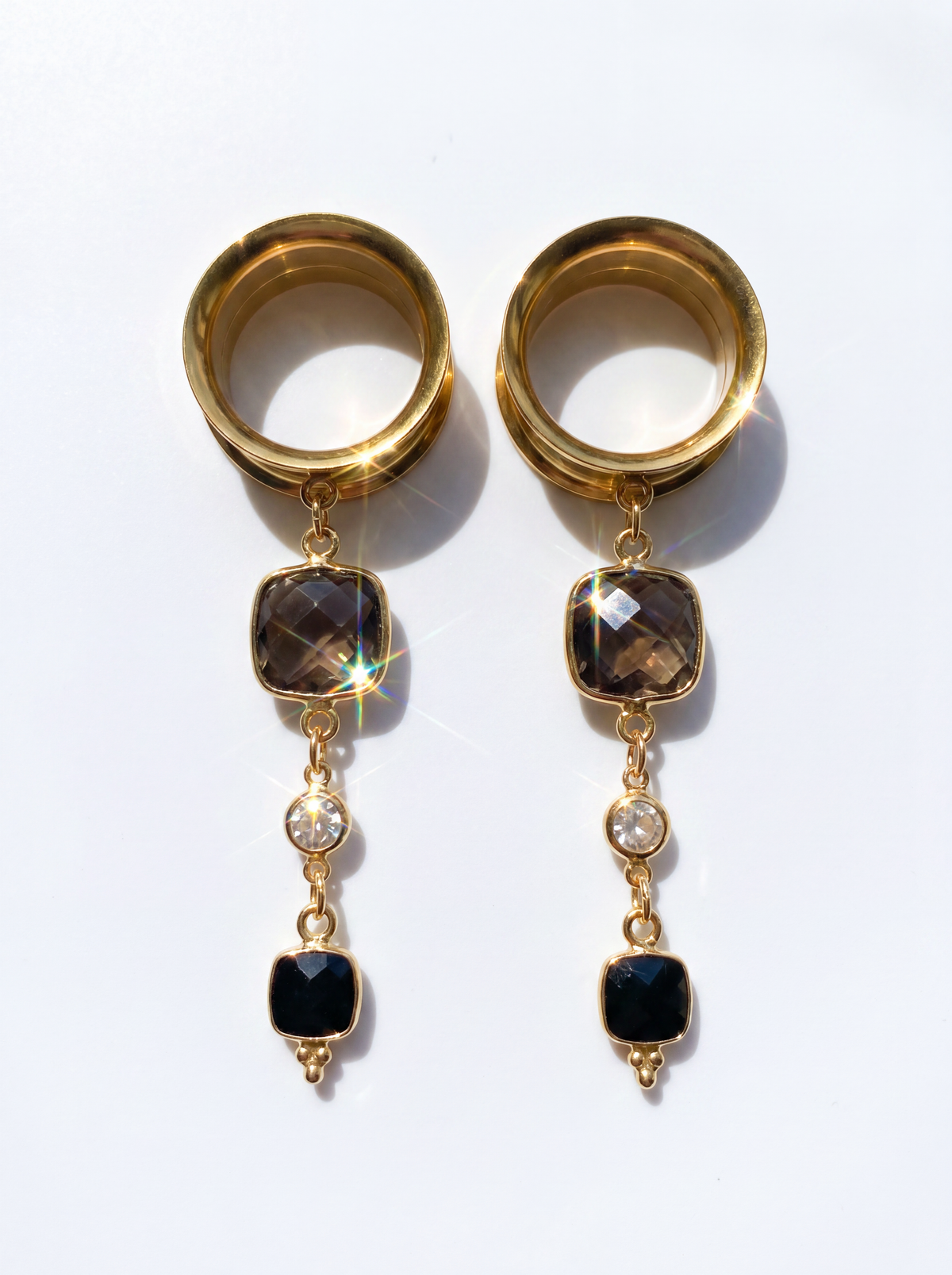 AURIA - écarteurs quartz fumé, onyx, argent 925 doré à l'or fin 24K