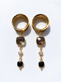 AURIA - écarteurs quartz fumé, onyx, argent 925 doré à l'or fin 24K