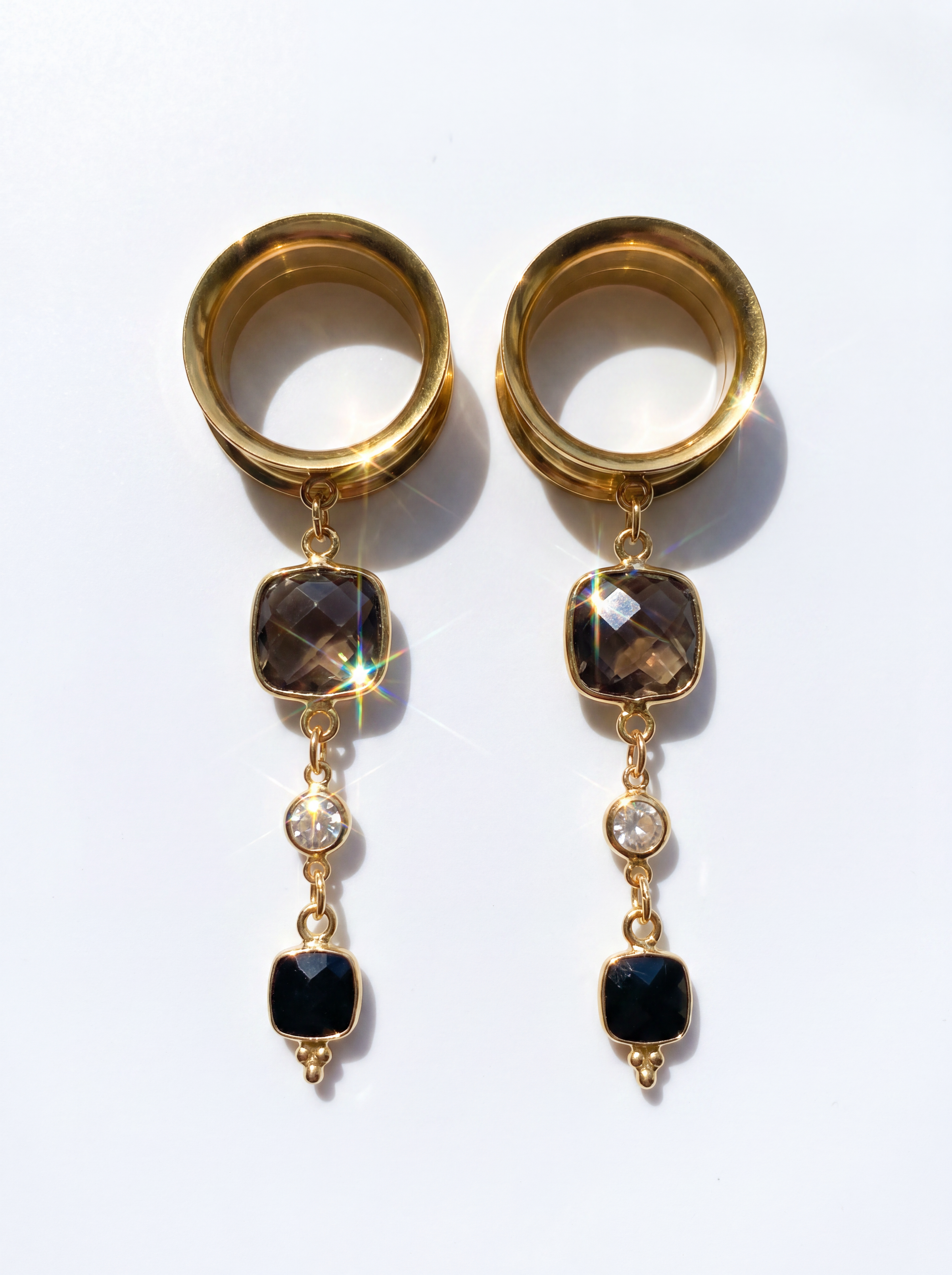 AURIA - écarteurs quartz fumé, onyx, argent 925 doré à l'or fin 24K