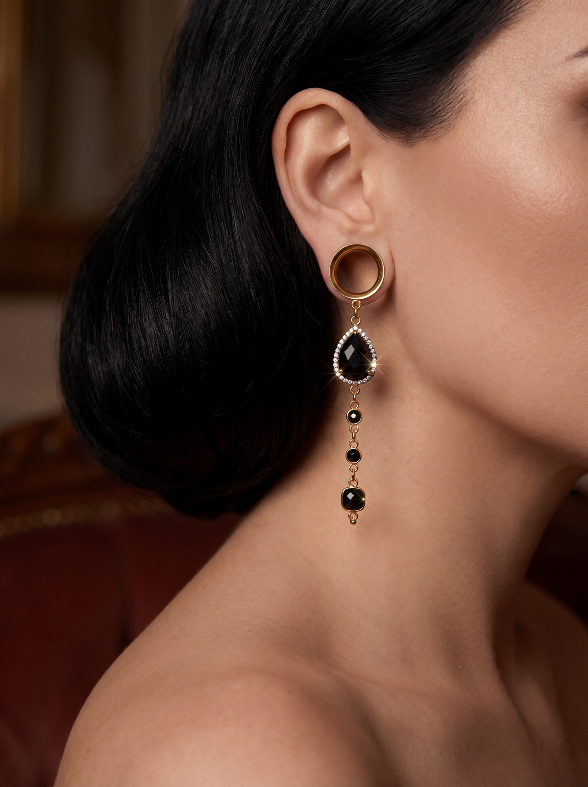 MORTICIA - écarteurs agate noire, onyx, argent 925 doré à l'or fin 24K
