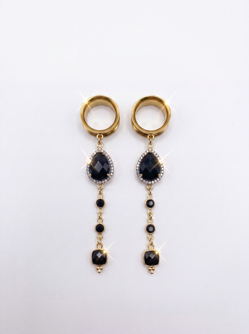 MORTICIA - écarteurs agate noire, onyx, argent 925 doré à l'or fin 24K