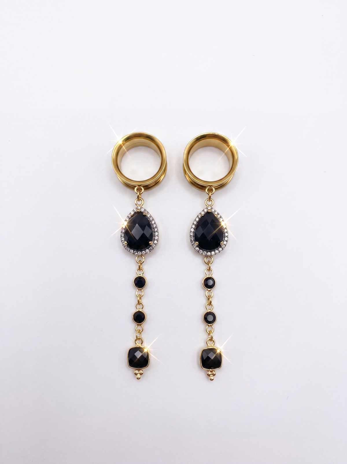 MORTICIA - écarteurs agate noire, onyx, argent 925 doré à l'or fin 24K