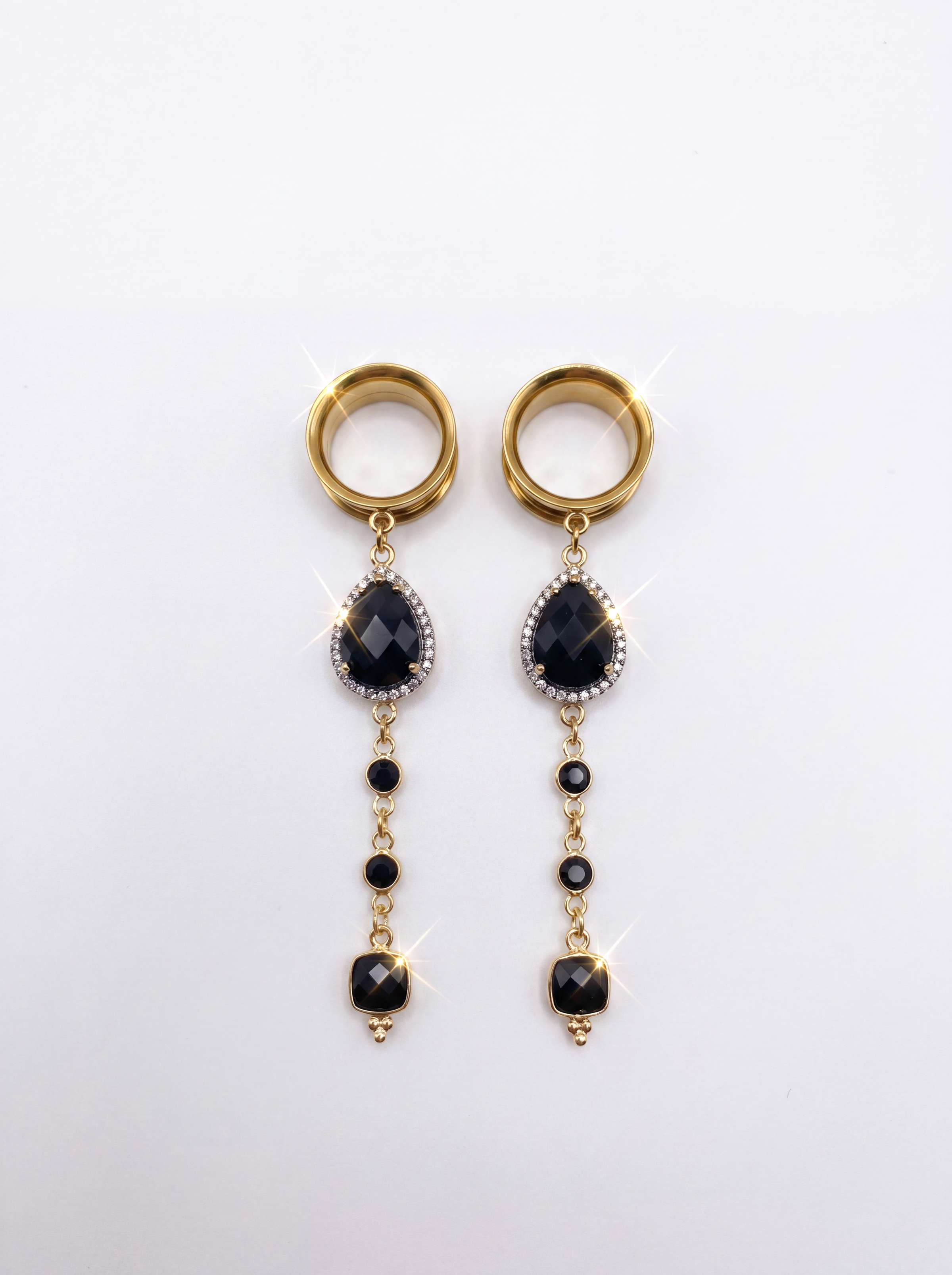 MORTICIA - écarteurs agate noire, onyx, argent 925 doré à l'or fin 24K