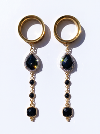 MORTICIA - écarteurs agate noire, onyx, argent 925 doré à l'or fin 24K