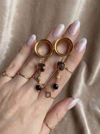 AURIA - écarteurs quartz fumé, onyx, argent 925 doré à l'or fin 24K