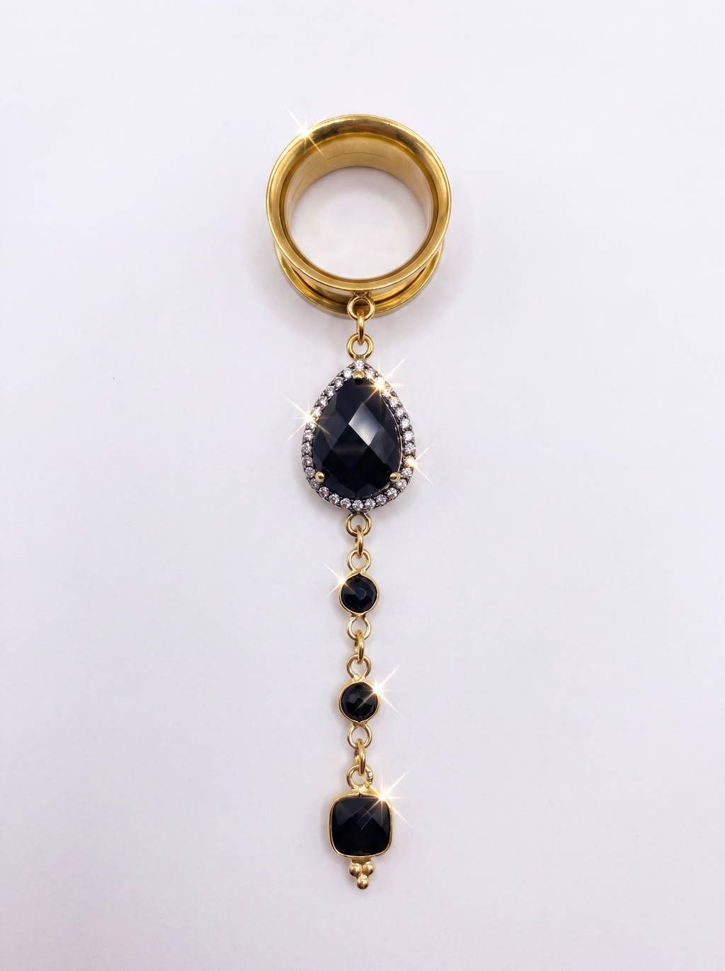 MORTICIA - écarteurs agate noire, onyx, argent 925 doré à l'or fin 24K