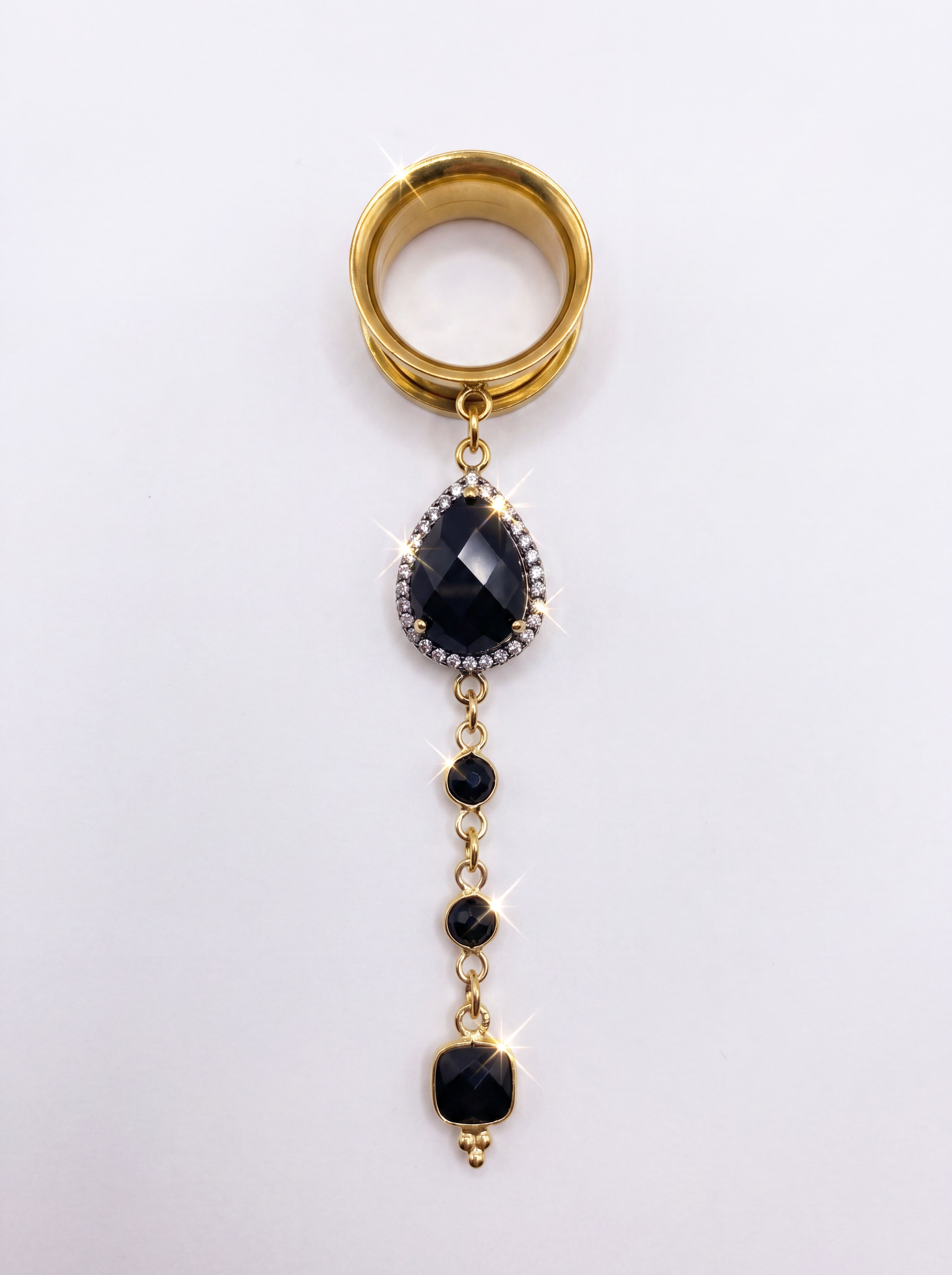 MORTICIA - écarteurs agate noire, onyx, argent 925 doré à l'or fin 24K