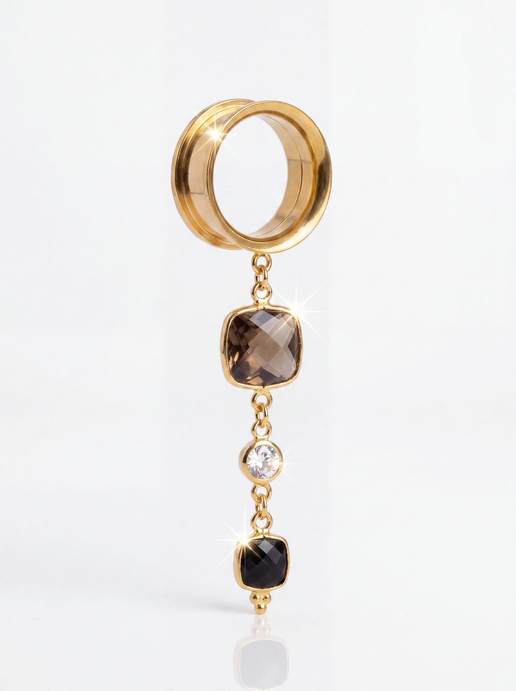 AURIA - écarteurs quartz fumé, onyx, argent 925 doré à l'or fin 24K