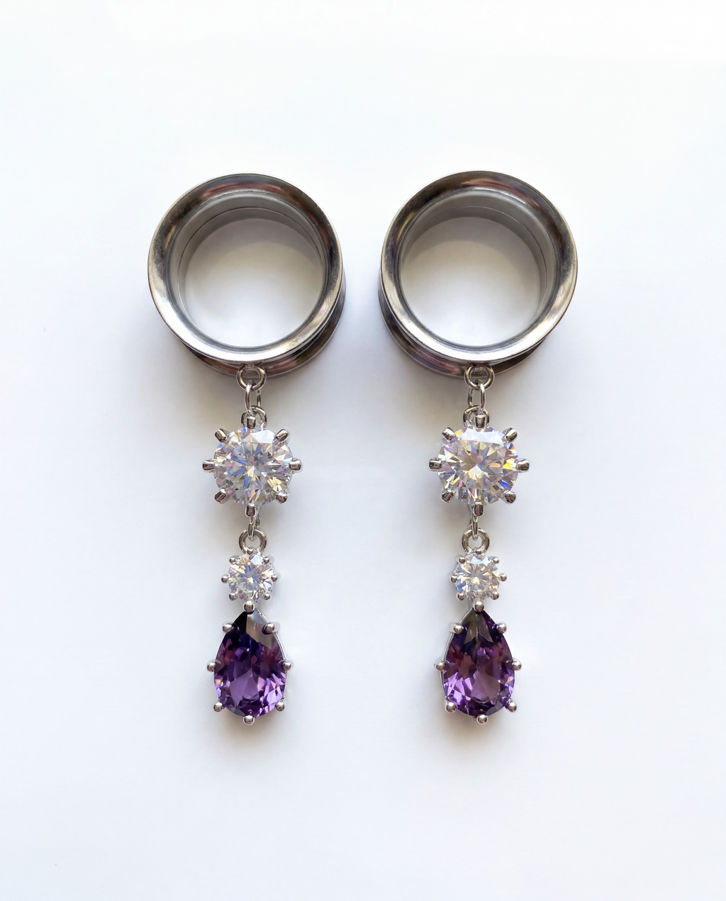 PAULINE - écarteurs argent mauve zirconium du 6mm au 38mm